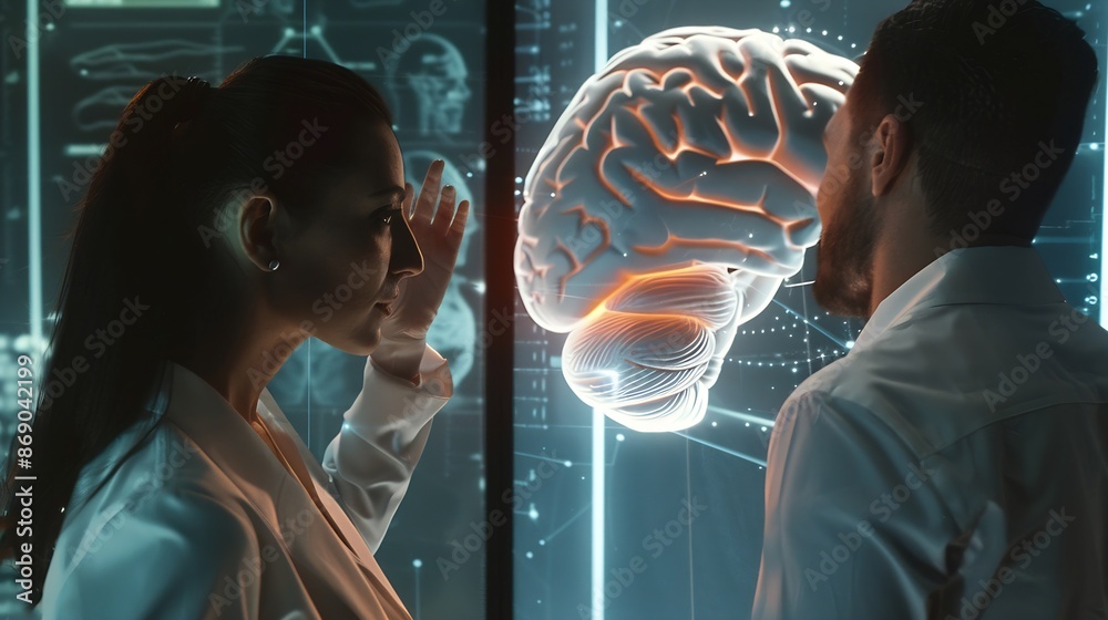 Aufkleber a man and a woman are looking at a medical image of a brain : generative ai