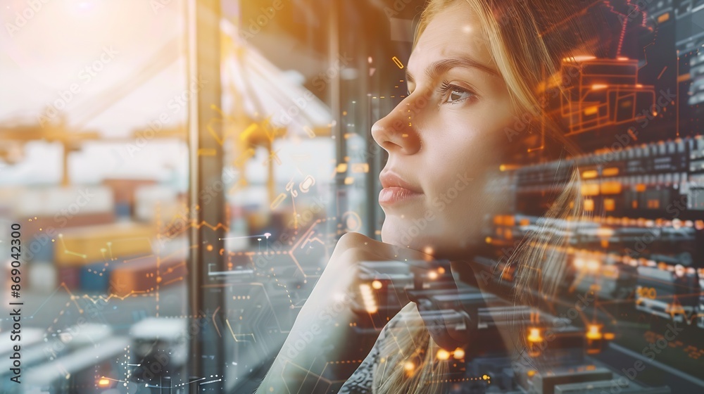 Aufkleber woman face and thinking future and ideas for shipping company with small business owner and dream pr