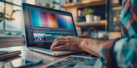 A person is engaged in graphic design on a laptop at a wooden desk, with color palettes and various design tools visible, set in a well-organized environment.