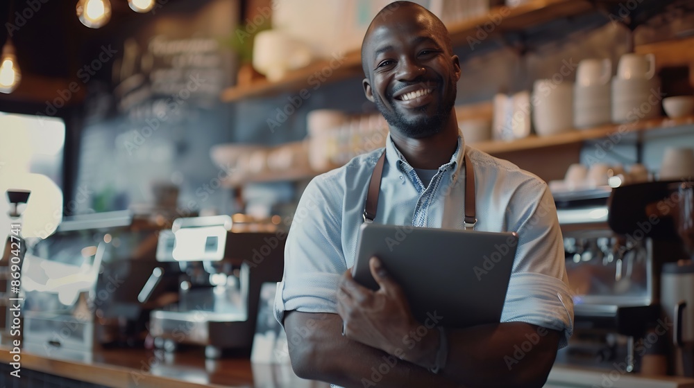 Poster black man tablet and small business owner on bokeh in management with smile at coffee shop portrait 