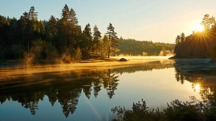 Sunset over the forest, AI Generative.