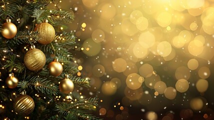 Close-up of gold Christmas ornaments and twinkling lights on a festive tree, creating a warm holiday atmosphere.