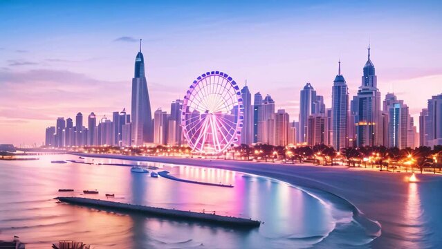 Dubai Marina in Dubai, United Arab Emirates. Dubai was the fastest developing city in the world between 2002 and 2008, Sunset view of the Dubai Marina and JBR area and the