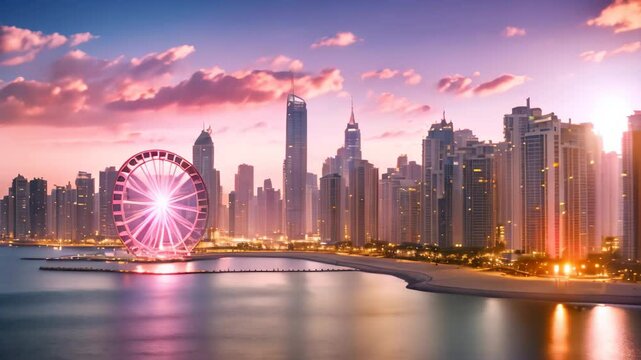 Dubai skyline at sunset, United Arab Emirates. Dubai is the fastest growing city in the world, Sunset view of the Dubai Marina and JBR area and the famous Ferris Wheel and golden sand