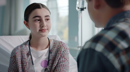 Obraz premium Teenage oncology patient talking with doctor Oncologist treating teen girl with cancer and provide emotional support helping her with anxiety and depression : Generative AI