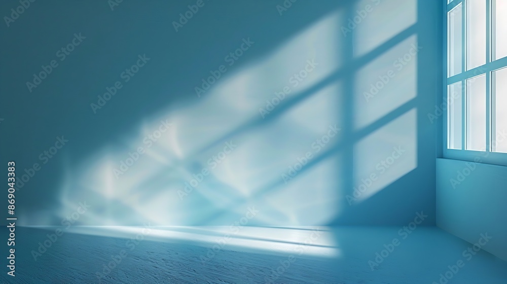 Poster Minimalistic simple abstract light blue background for product presentation Shadow and light from windows on wall : Generative AI
