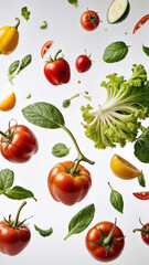 Obraz premium Close-up, vegetables falling on a white background with splashes of water