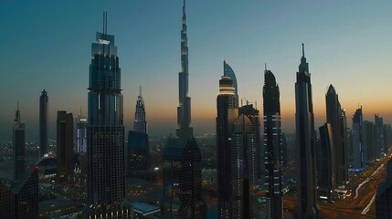 Aerial view of tallest towers in Dubai Downtown skyline night to day transition before sunrise Financial district and business area in smart urban city with Moon Skyscraper and highris : Generative AI