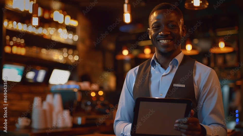 Aufkleber black man tablet and small business owner on bokeh in management with smile at coffee shop portrait 