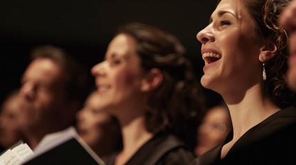 Close up of people choir members holding singing book while performing in a cathedral