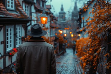A man in a trench coat and hat walking through a quaint, cobblestone street lined with historic buildings and autumn foliage.

