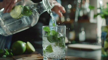 drinks and people concept  close up of woman pouring water from glass bottle to jigger and making lime mojito cocktail at home kitchen : Generative AI