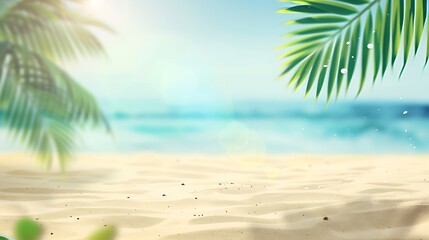 Fototapeta premium Beautiful wide paradise beach with golden sand and palm leaves in blur Summer natur banner : Generative AI
