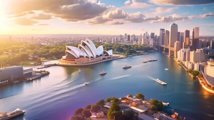Sydney, Australia. Panoramic aerial view of the city skyline at sunset, Sydney, Australia, Landscape aerial view of the Sydney Opera House near Sydney business center around the harbor