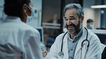 Fototapeta premium Young smiling doctor male nurse taking care of old woman listening during check examination Man monitoring resident of nursing home patient in hospital clinic maintain elderly health a : Generative AI