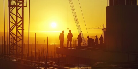 This image shows silhouetted workers on a construction site during sunset, emphasizing teamwork, determination, and dynamic industry growth against a scenic backdrop.