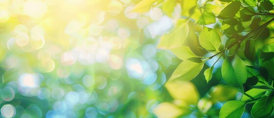 Fototapeta premium Blurred bokeh background of fresh green spring, summer foliage of tree leaves with blue sky and sun flare