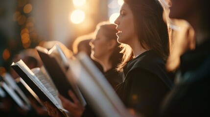 Close up of people choir members holding singing book while performing in a cathedral