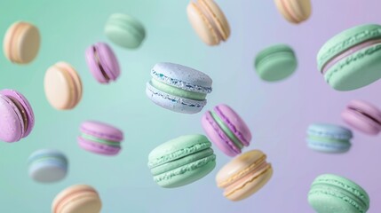 Obraz premium Pastel purple, green, blue, cream and yellow colored macaroons floating in the air