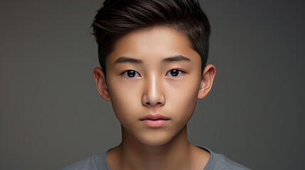 Portrait of a cute handsome happy Asian teenager guy with perfect skin, gray background, banner.