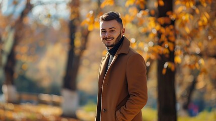 Obraz premium Happy autumn day A handsome young man in a brown coat stands in an autumn park and smiles peacefully Autumn fashion People and lifestyle Copy space : Generative AI