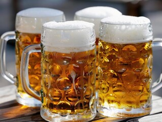 Frothy Beer Mugs on a Sunny Day: Refreshing Beverage Concept