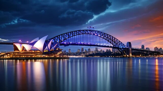 Sydney Opera House and Sydney Harbour Bridge at sunset, Australia, Sydney Opera House and the Sydney Harbour Bridge during twilight, Australia