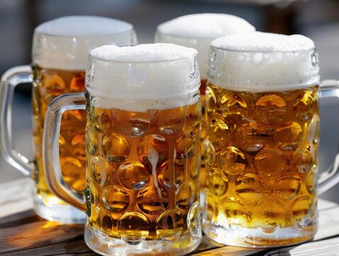 Frothy Beer Mugs on a Sunny Day: Refreshing Beverage Concept