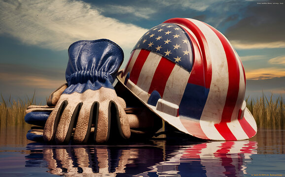 Hard Hat And Work Gloves With American Flag, Top view Background. Labor Day content. Ai generative