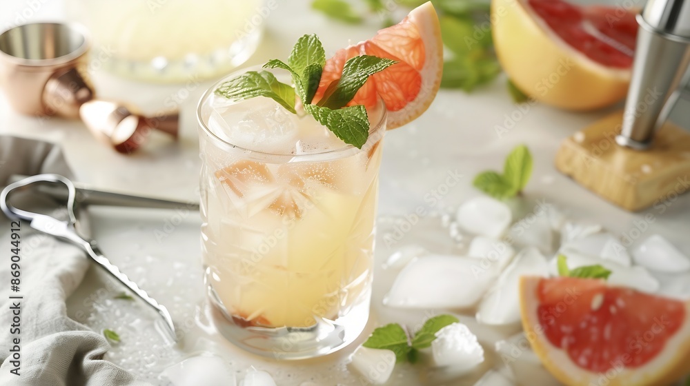 Poster grapefruit margarita or lemonade cocktail with cold champagne refreshing summer cocktail with garnis