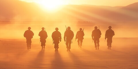 A group of soldiers moves purposefully through a desert at sunset, highlighting military precision, determination, and resilience in a harsh, sunlit environment.