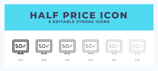 Half price line icon illustrations with editable strokes.