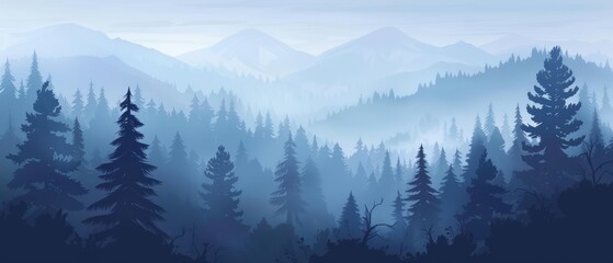 Fototapeta premium High mountains in distance with evening dense foggy forest mysterious and atmospheric forest landscape