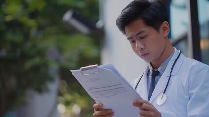 Fototapeta premium Asian man doctor study document to research method and technic for treating patients : Generative AI