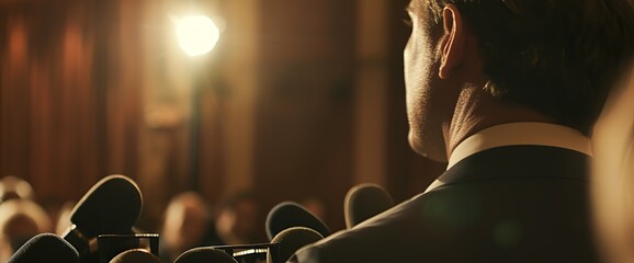 A man dressed formally stands at a podium speaking to a crowd, with several microphones set up in front of him, indicating a formal announcement or press conference.
