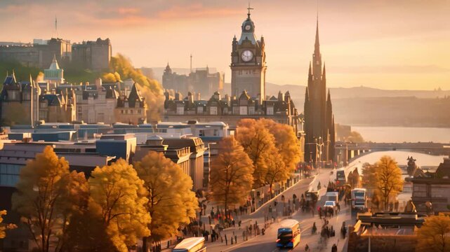 A striking view of a city with a prominent clock tower in the background, View of Edinburgh Castle, Balmoral Hotel, and Princes Street from Calton Hill at golden hour