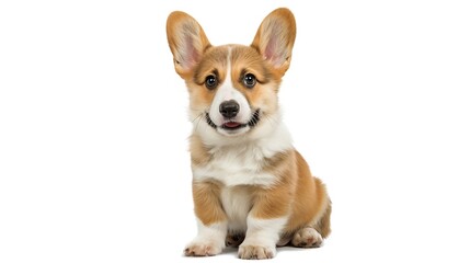 Sitting happy panting Puppy Welsh Corgi Pembroke looking at camera 14 Weeks old isolated on white : Generative AI