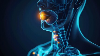 Digital illustration of human vocal cords with highlighted larynx. Medical and anatomical visualization concept.