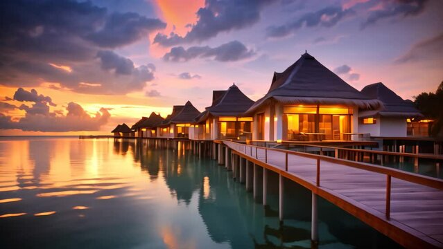 A serene landscape featuring a wooden dock guiding towards a picturesque row of huts built over the water, Water villas on Maldives resort island in the sunset