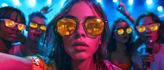 Obraz premium Group of friends wearing sunglasses and neon lights in the background.