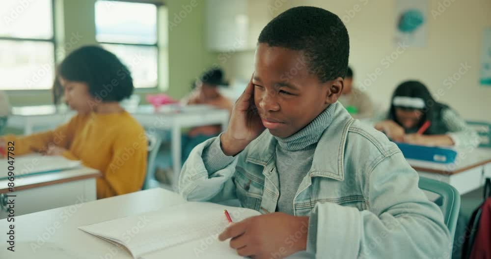 Poster boy, headache and child in school or classroom, burnout and tired for exam assessment with knowledge