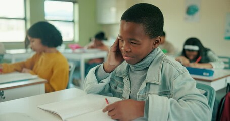 Boy, headache and child in school or classroom, burnout and tired for exam assessment with knowledge. Autistic student, concentration and education for child development, notebook and brain fog