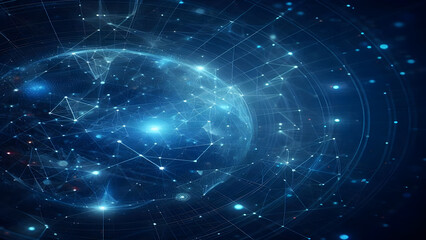 Blue abstract background with network grid and particles