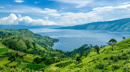 Obraz premium View of Lake Toba and beautiful green hills located in Samosir Regency Natural view of the lake from the top of the hill Beautiful nature : Generative AI