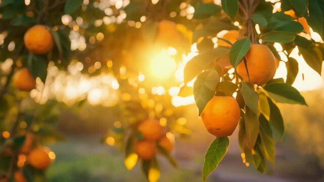 Orange trees in the garden at sunset. Tangerine tree with ripe fruits, A branch with natural oranges against a blurred background of an orange orchard at golden hour