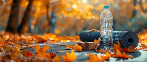 Water bottle and yoga mat in autumn leaves.