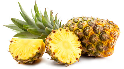 Four yellow pineapples are lined up on a white table