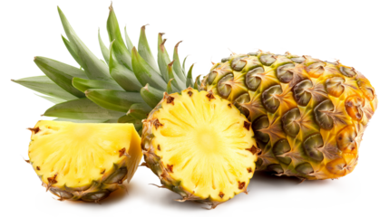 Four yellow pineapples are lined up on a white table