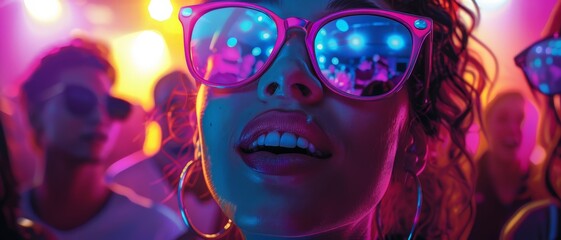 Woman in sunglasses at a party_ with colorful lights