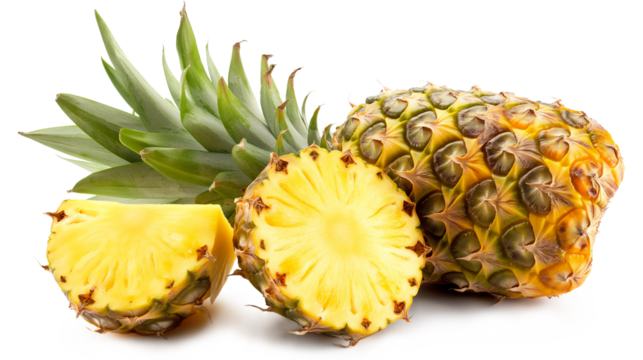 Four yellow pineapples are lined up on a white table